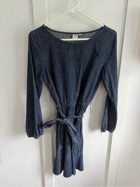 GAP Dark Indigo Long-Sleeve Tie-Waist Denim Dress